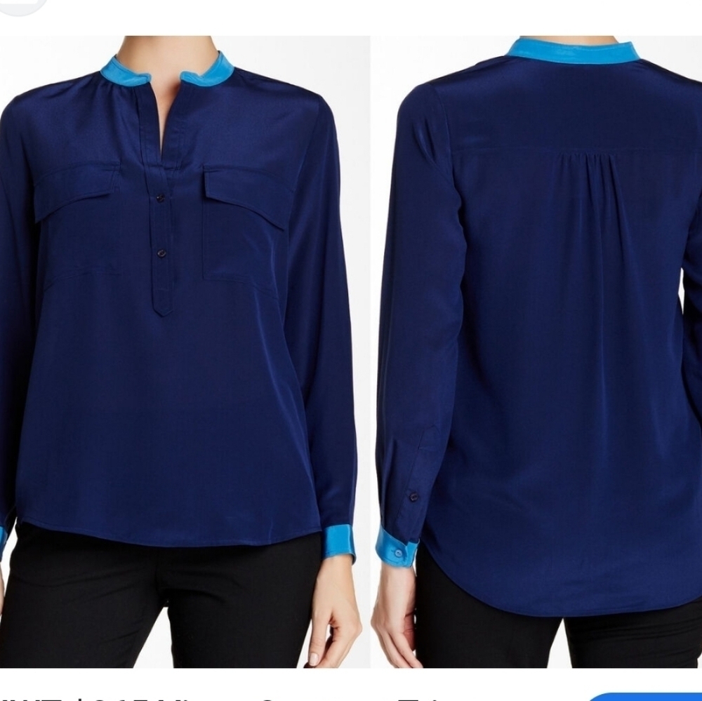Vince Contrast Trim Split Neck 100 % Silk Popover Long Sleeve Blouse Size 4 Blue